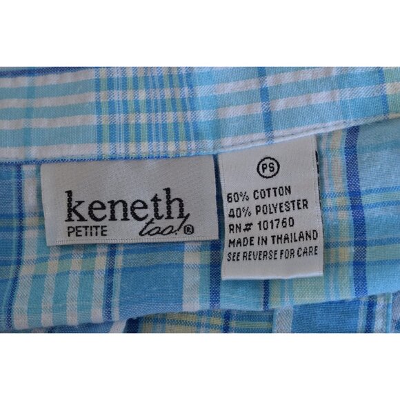 Vintage 90s White and Blue Cotton/Poly Plaid‎ Button Down Blouse - Picture 8 of 10